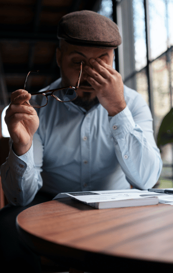 middle-aged man wearing a flat cap, holding hand to face in a defeated gesture