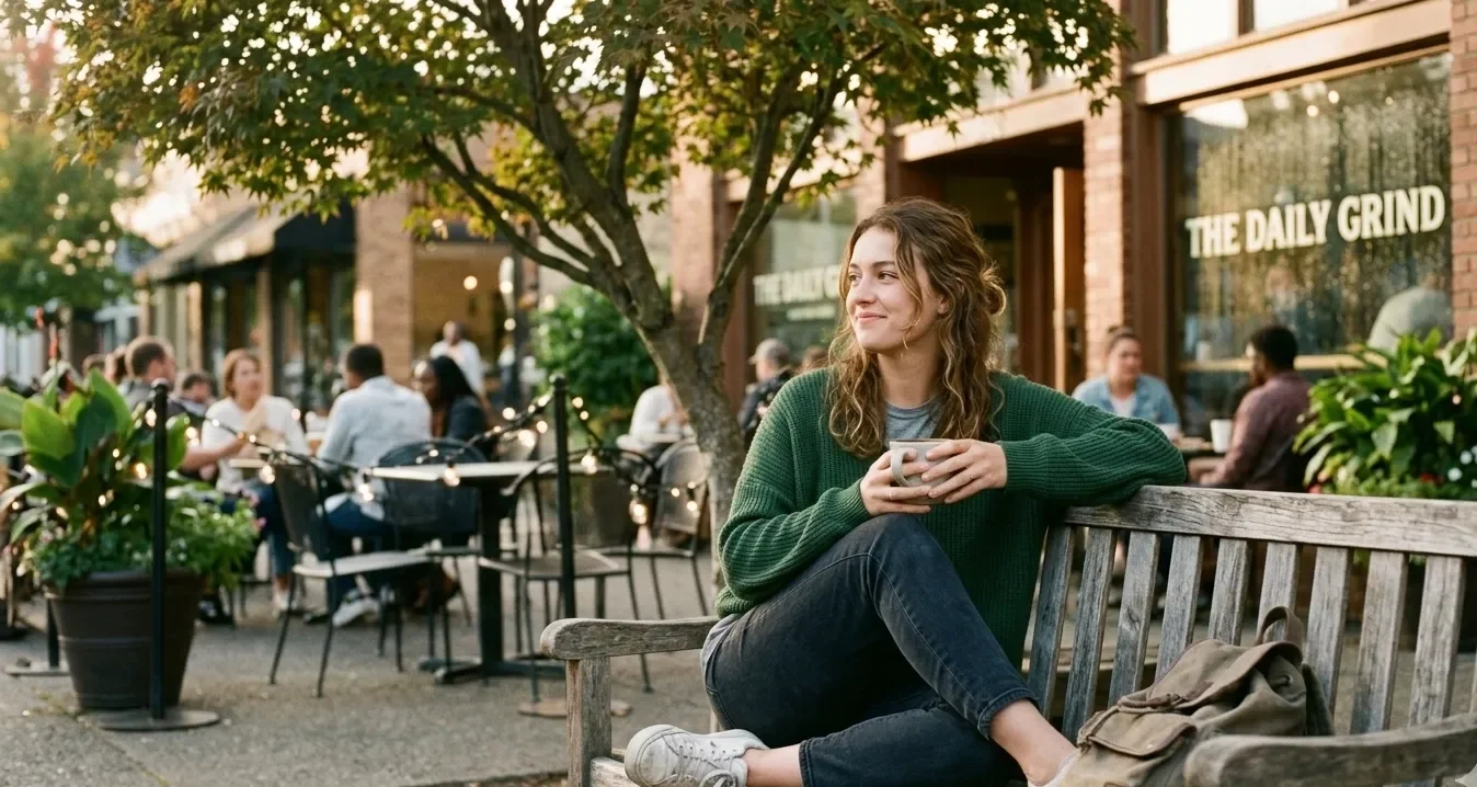 A young woman with wavy hair wearing a green cardigan, gray shirt, and black jeans, sitting on a wooden bench outside a cafe, holding a mug, smiling and looking to the side, with a backpack on the ground nearby. In the background, people are dining outdoors, and a sign reads 'The Daily Grind'.