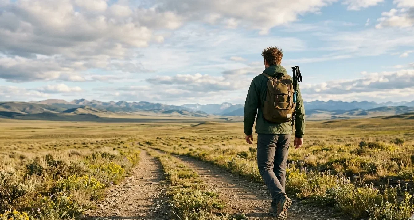 A person hiking on a dirt trail through a vast open plain with mountains in the background and clouds in the sky.