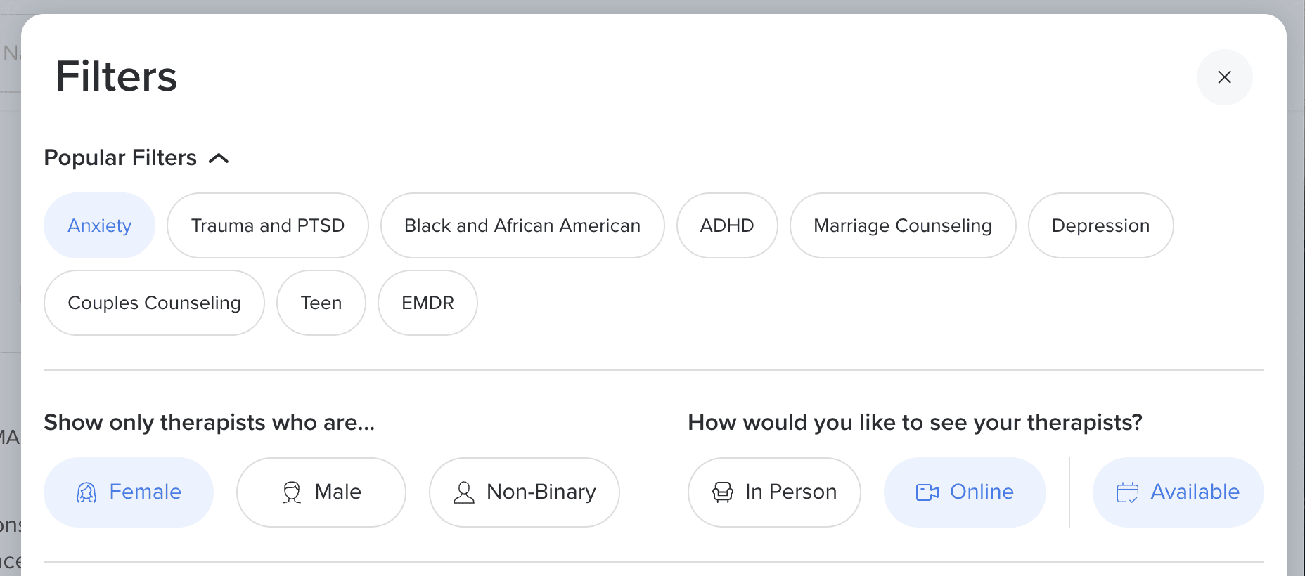 Pschology today filter drawer with filters applied for female, online, anxiety, and available.