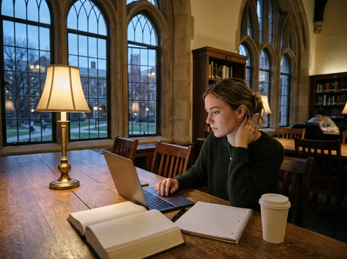College student studying at a laptop in a university library at dusk, one hand resting at the back of her neck