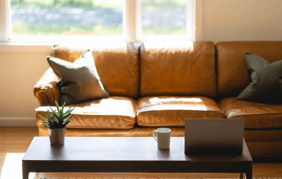 brown leather couch in a therapy office in Santa Monica, CA