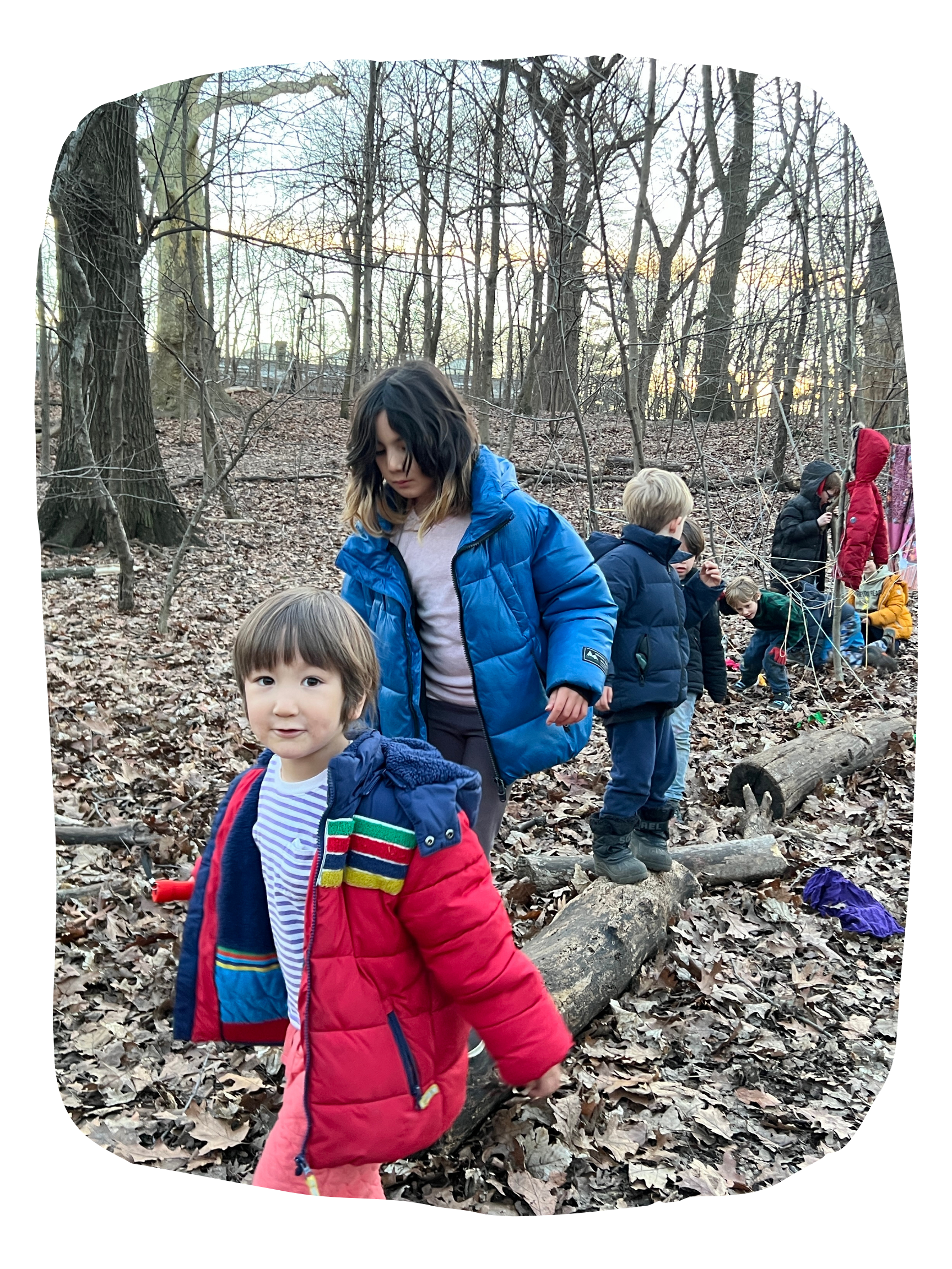 Wonder Kids walking through the woods during winter after school in Prospect Park