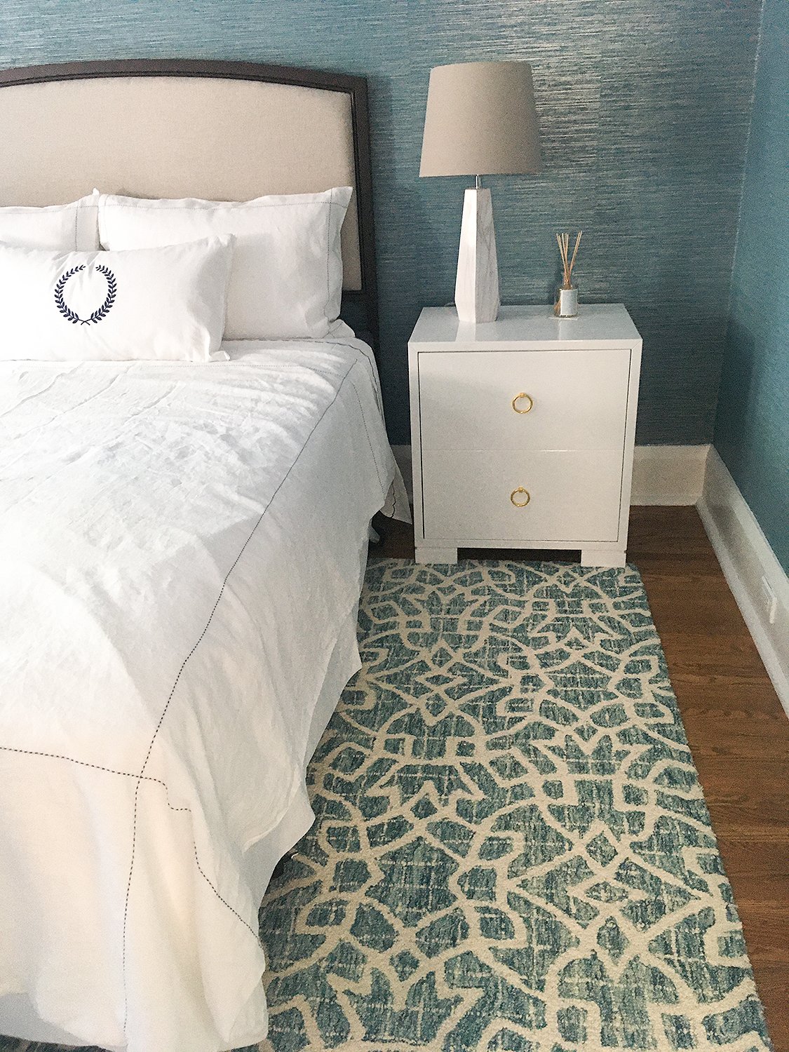 Bedside table and Lamp in blue Guest Room