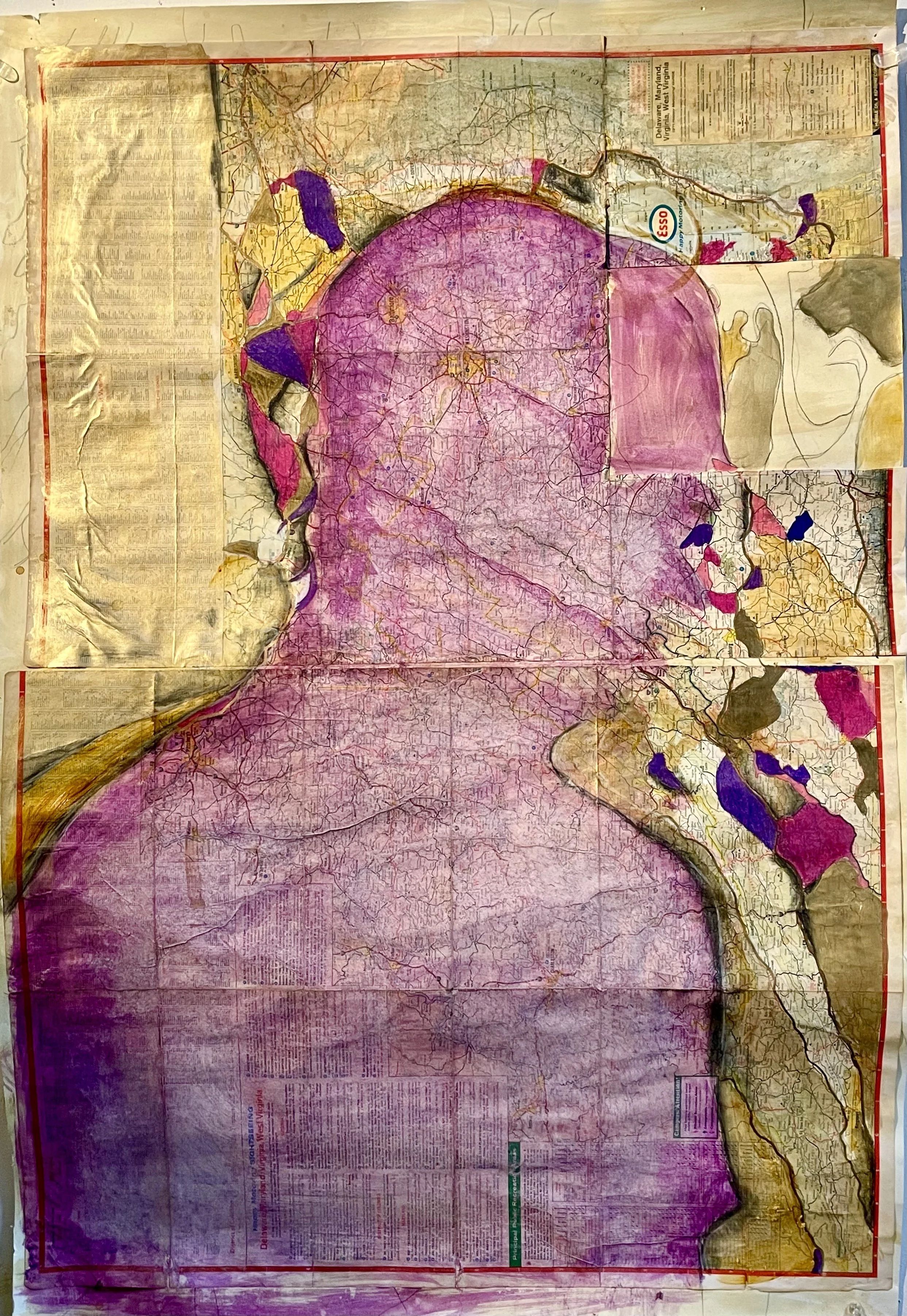 Self Portrait, 2023 | Collage of mixed media, ink, and acrylic paint, on vintage maps | 24x36 inches | Available $2200.00