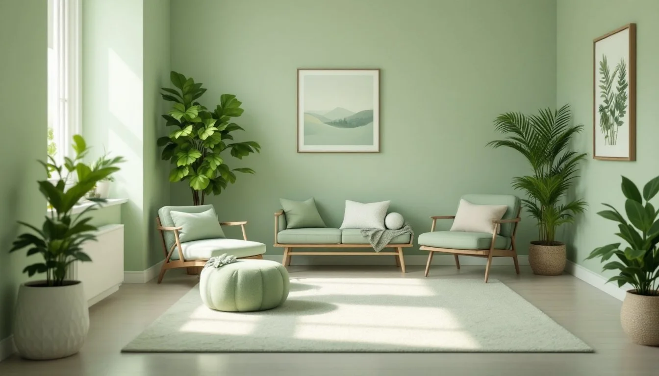 A living room with light green walls, wooden furniture with pastel cushions, and multiple potted green plants. Sunlight streams through a window.