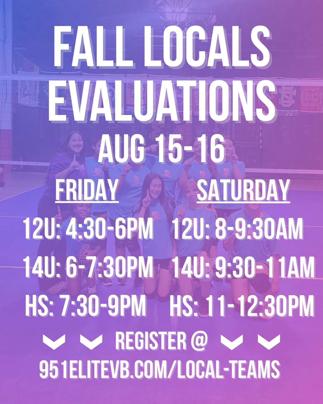 Fall locals season starts next weekend! Get registered for evaluations at 951elitevb.com/local-teams! 

#951elitevolleyball #locals