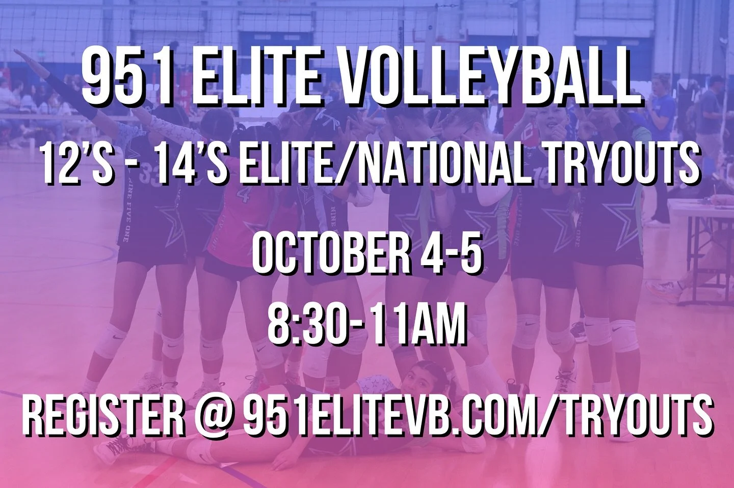 12&rsquo;s-14&rsquo;s Elite and National tryouts are coming up quick! Get registered at 951elitevb.com/tryouts. 

#951elitevolleyball #tryouts