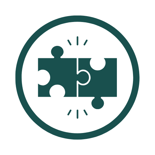 A black circle contains four puzzle pieces interconnected, with small lines radiating outward to symbolize thought or realization.