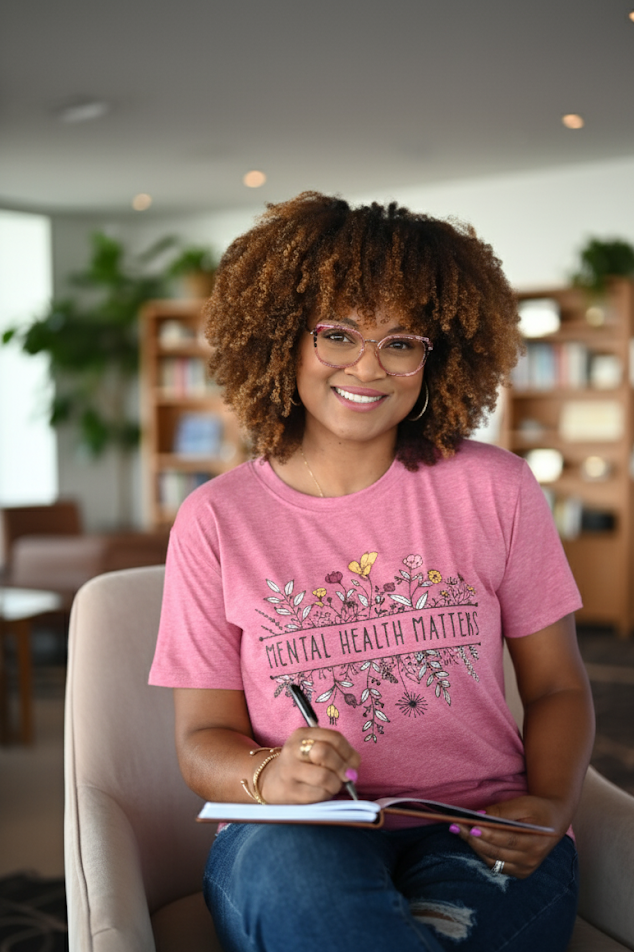 A woman sitting in a chair, smiling, wearing a pink T-shirt that says 'Mental Health Matters,' holding a pen and notebook in a cozy indoor setting with bookshelves and plants in the background.