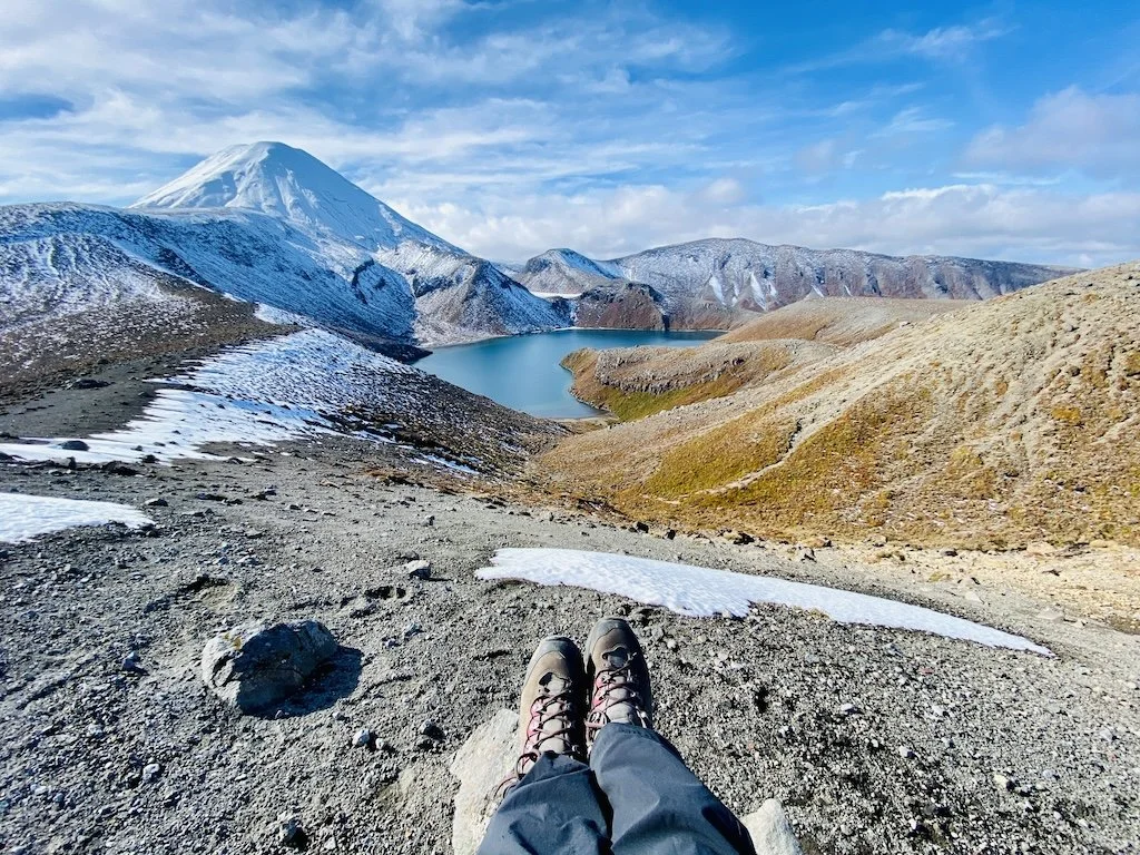 Panoramic view of Tama lakes Track with tussock fields and volcanic mountains in Tongariro National park