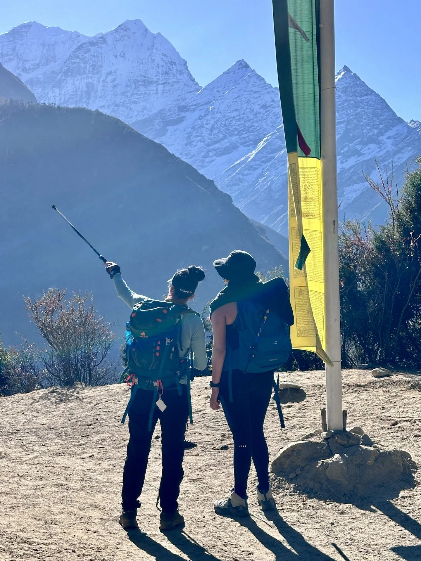 Everest Base Camp trekkers pointing to the mountains