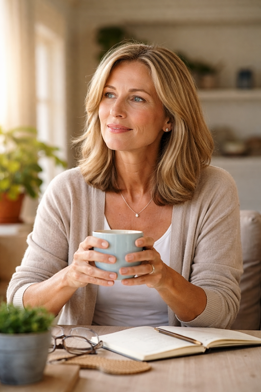 Midlife woman reflecting on life transitions, holding a notebook, representing a coaching persona
