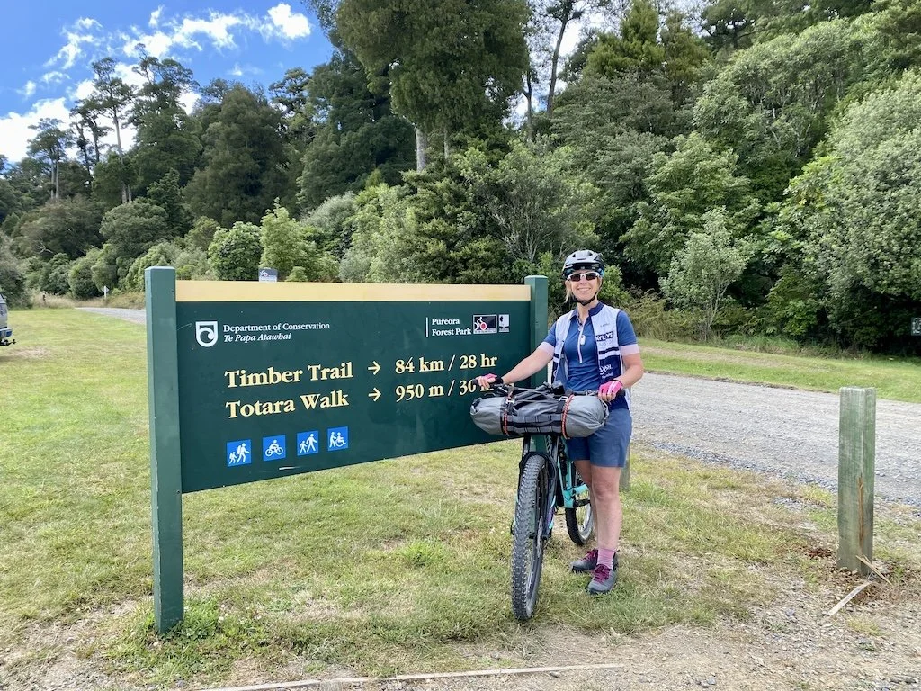Sharon cycling Timber Trail, Pureora