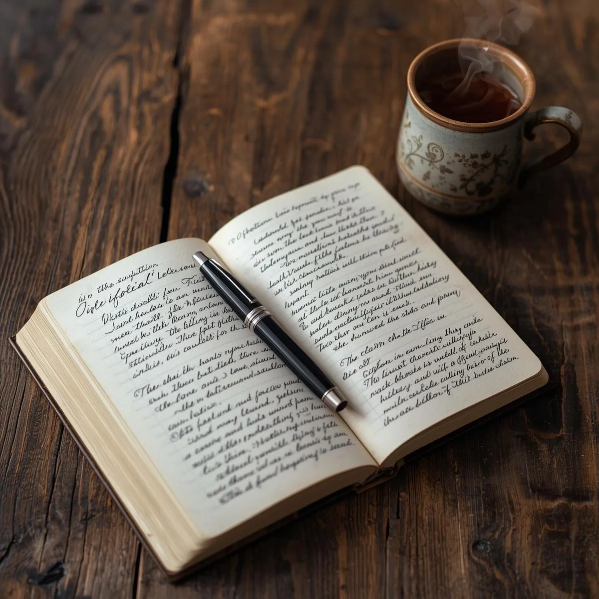 Open journal with a pen and cup of tea