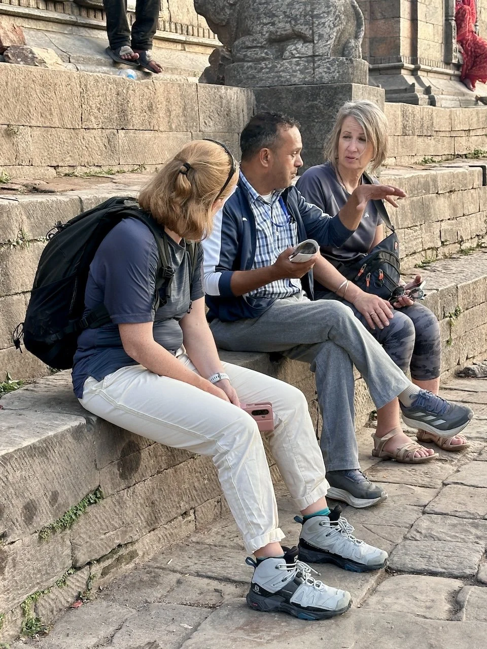 Himalayan Recreation guide, Krishna Acharya with Elaine and Denise at the Pashupatinath Temple