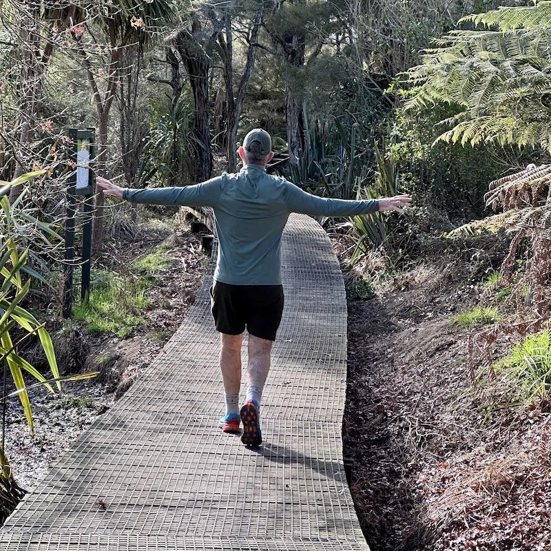 Hiker walking on a boardwalk on the Waikato River Trail, Karapiro section