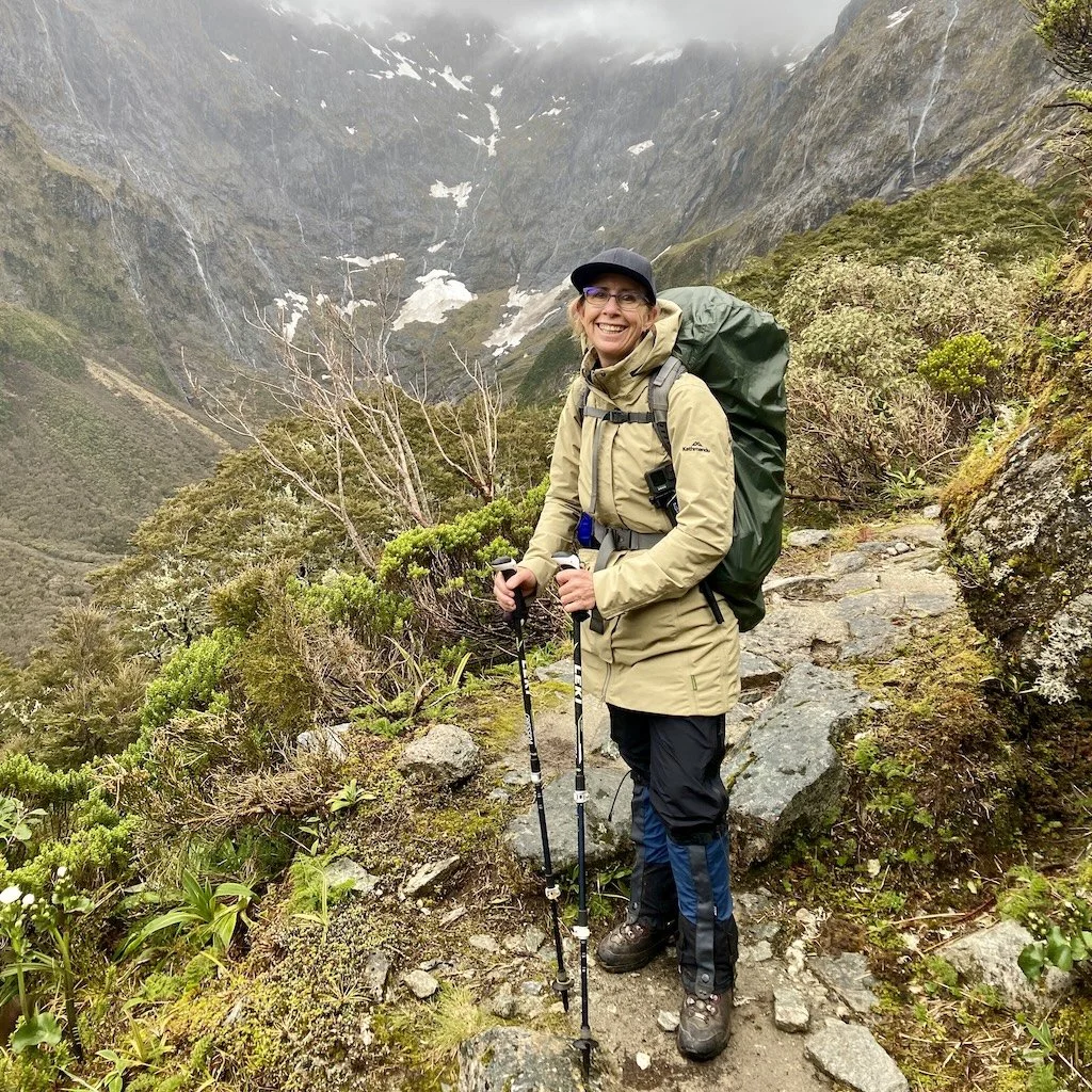 Sharon Evans hiking up to Mackinnon Pass, New Zealand Great Walks, Fiordland