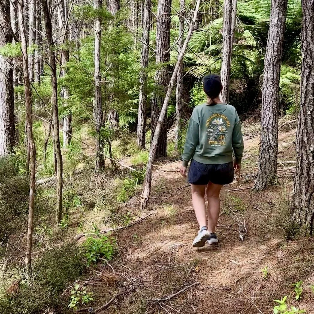 Lady walking through New Zealand pine forest