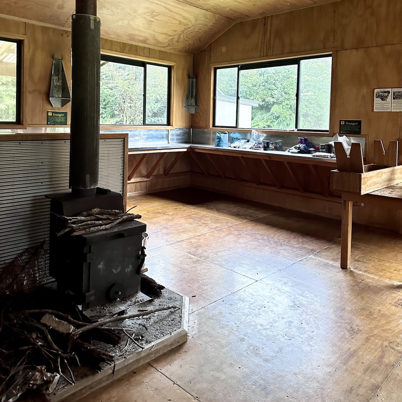 The Waitawheta Hut wood fire and kitchen area