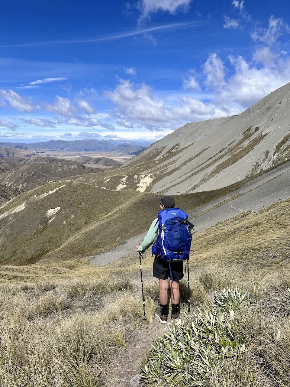 Hiker walking the Clent Hills Saddle track on Te Araroa, tussock ridgeline with Southern Alps in the background.