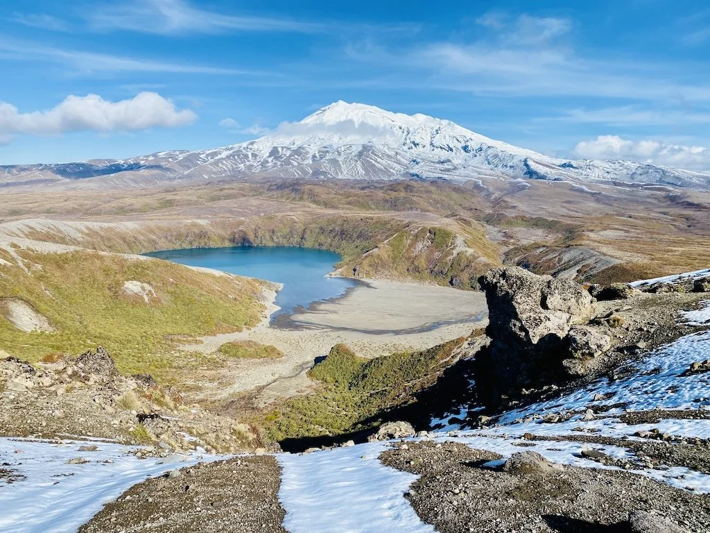 Panoramic view across Lower Tama Lake with Mount Ruapehu in the distance