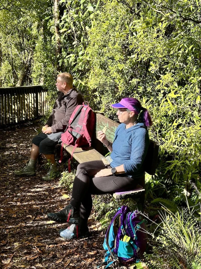 Sunlit lunch spot overlooking Lake Rotongata, Ōkataina Trails