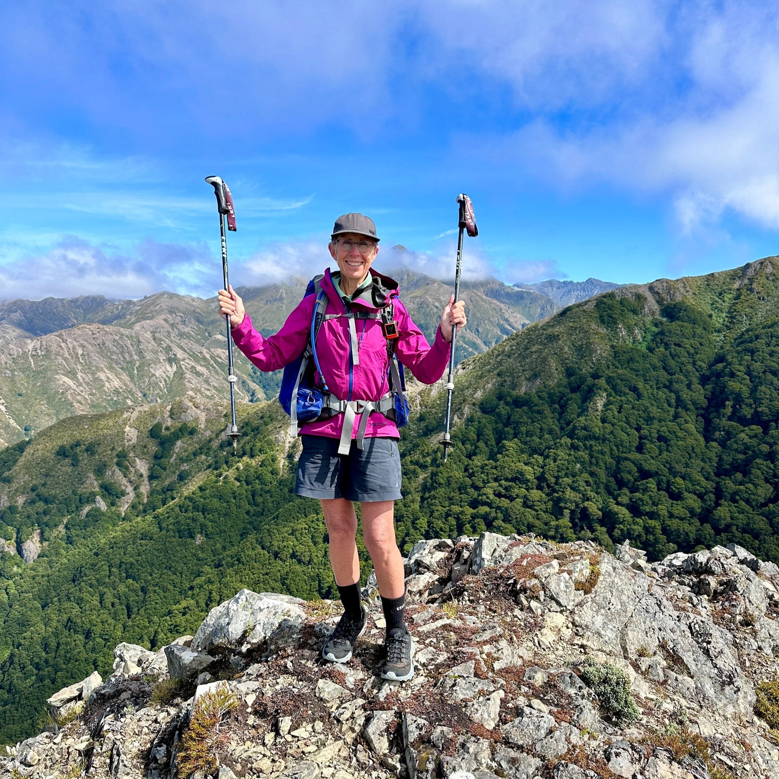 Sharon Evans wearing Merrell trail runners on the Takitumu Mountain Range, Te Araroa thru hike.