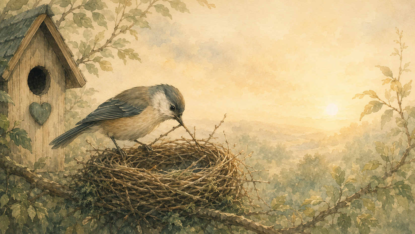 Bird tending a nest beside a birdhouse, representing care, safety and rebuilding a sense of home.