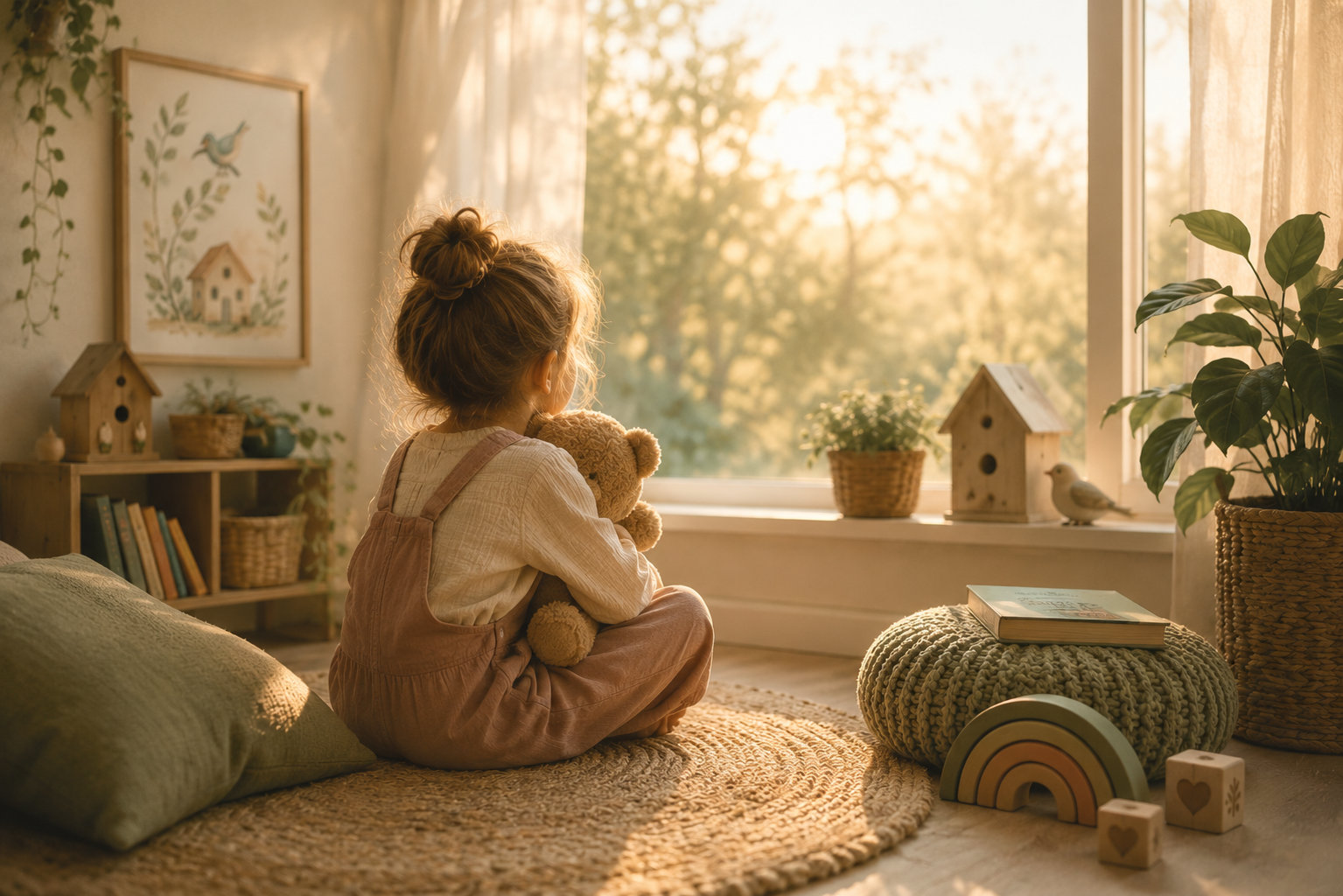Young girl holding a teddy bear and looking out a window, representing childhood loneliness, safety and the need to feel seen.