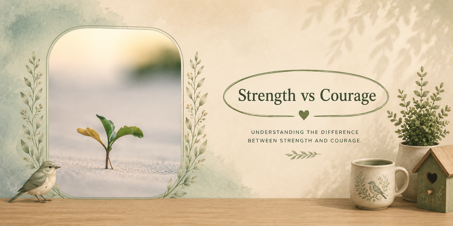 Small plant beside a birdhouse, representing the difference between strength, courage and steady personal growth.