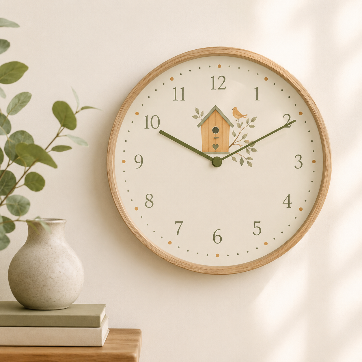 Birdhouse themed clock and books, representing time, reflection and making space for change.