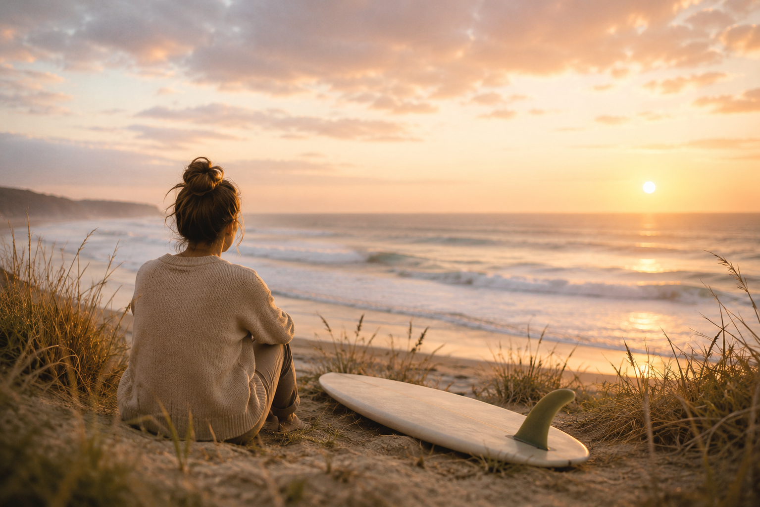 Woman sitting quietly by the ocean at sunset, representing reflection, emotional space and reconnecting with yourself.