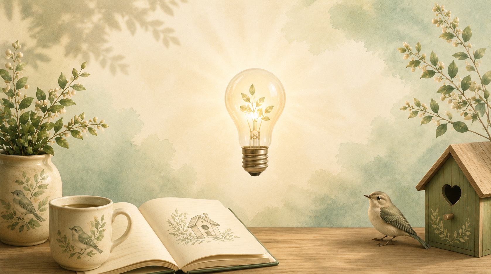 Notebook, mug and warm light beside a birdhouse, representing reflection, insight and personal growth through counselling.