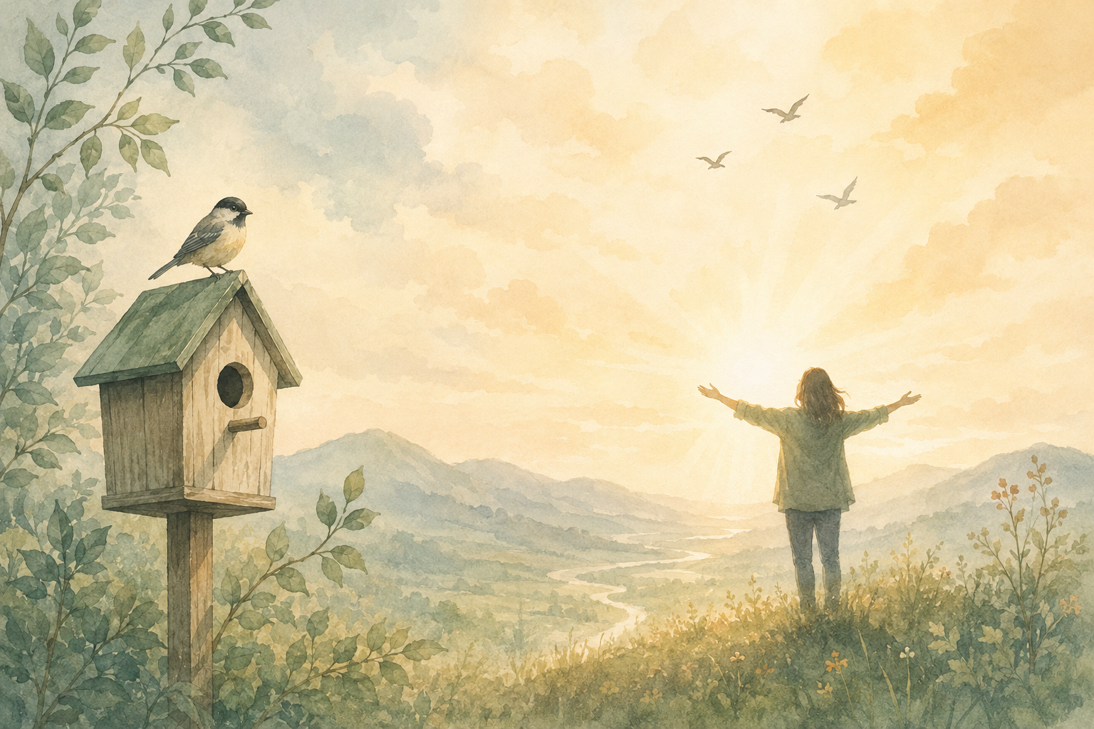 Woman standing with open arms at sunrise, representing freedom, hope and reconnecting with yourself.
