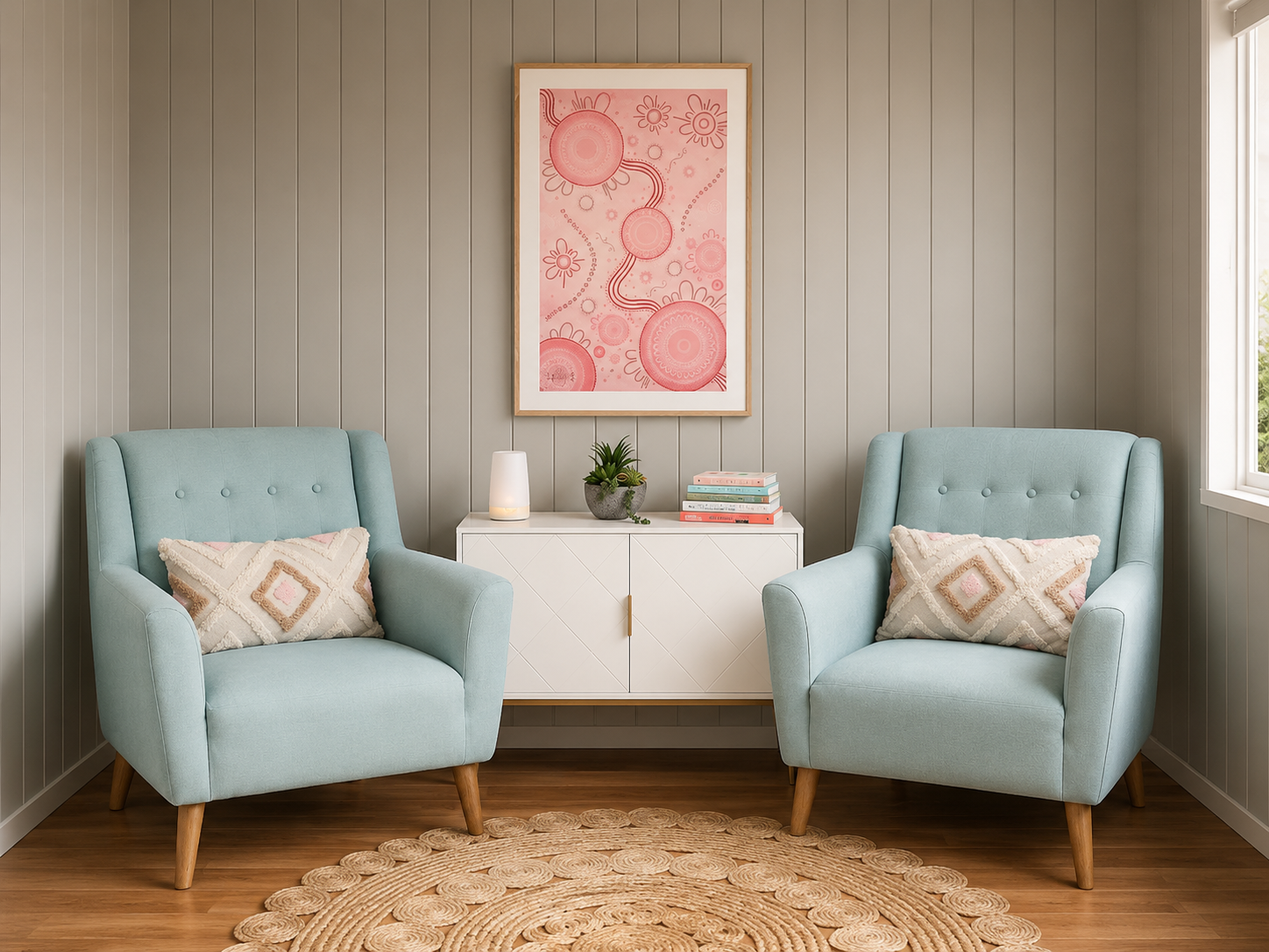 Comfortable private counselling room at Bird House Counselling with two armchairs, designed for calm and open conversation.