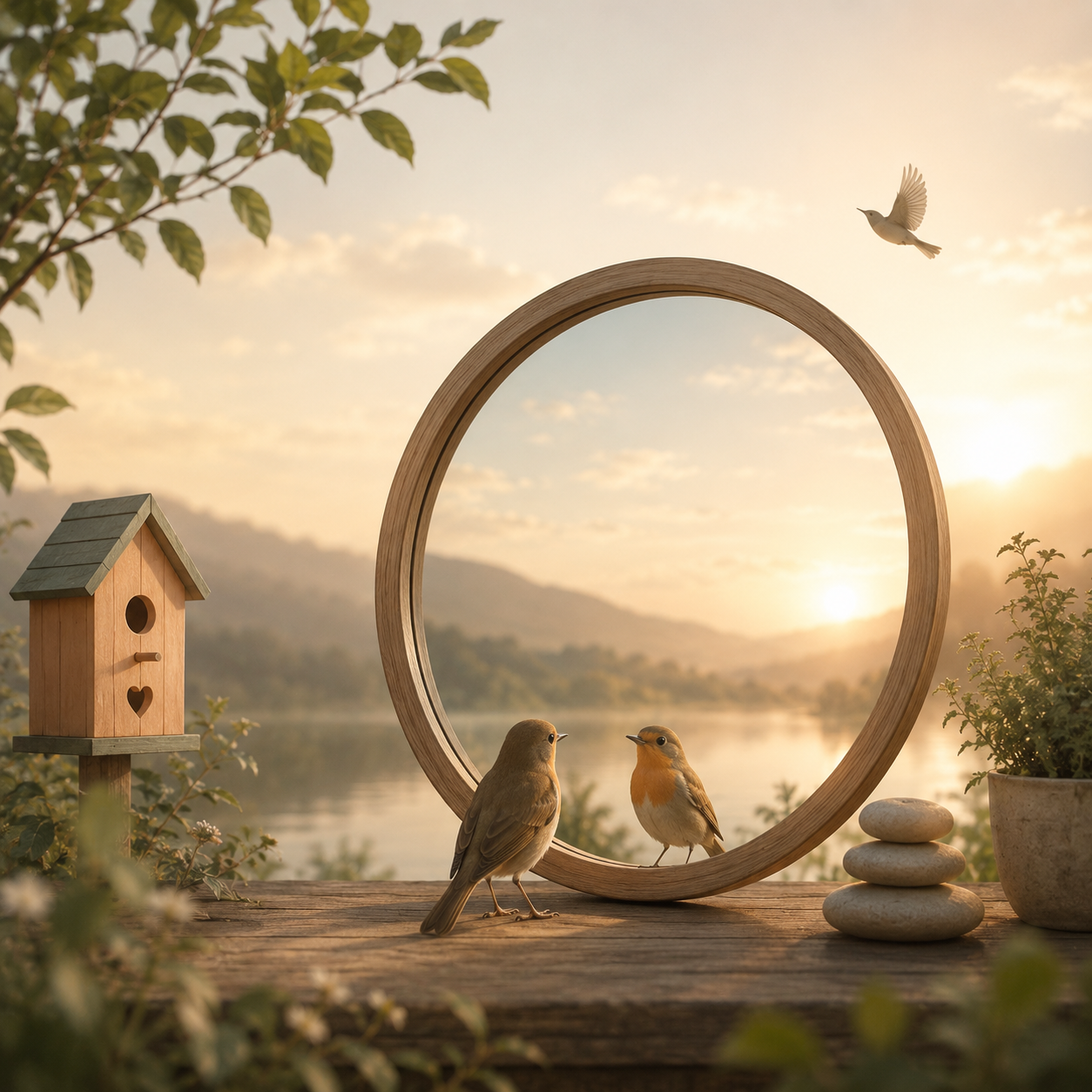 Birdhouse beside a peaceful lake at sunset, representing calm, perspective and emotional healing.