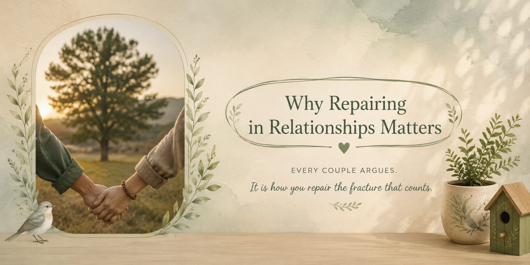 Couple holding hands after conflict, representing repair, reconnection and healing in relationships.