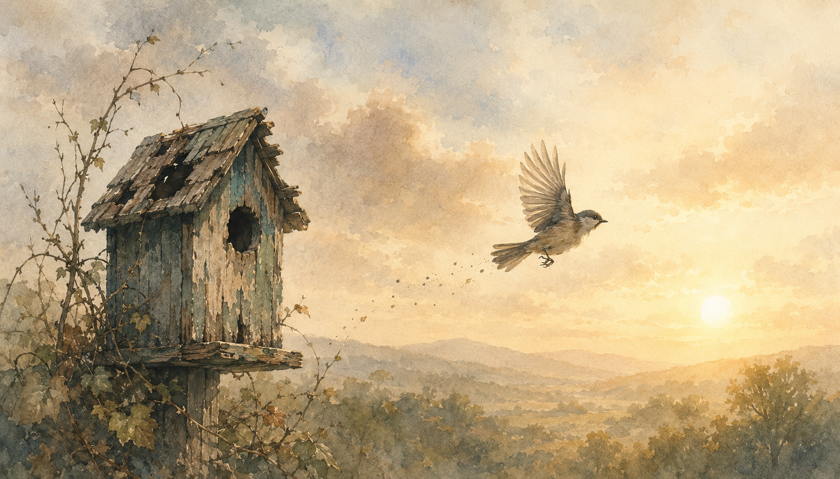 Bird leaving an old weathered birdhouse at sunrise, representing growth, change and moving beyond the past.