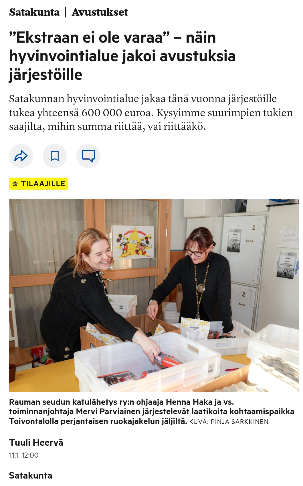 Satakunnan Kansassa hyvinvointialueen avustuksista 2026