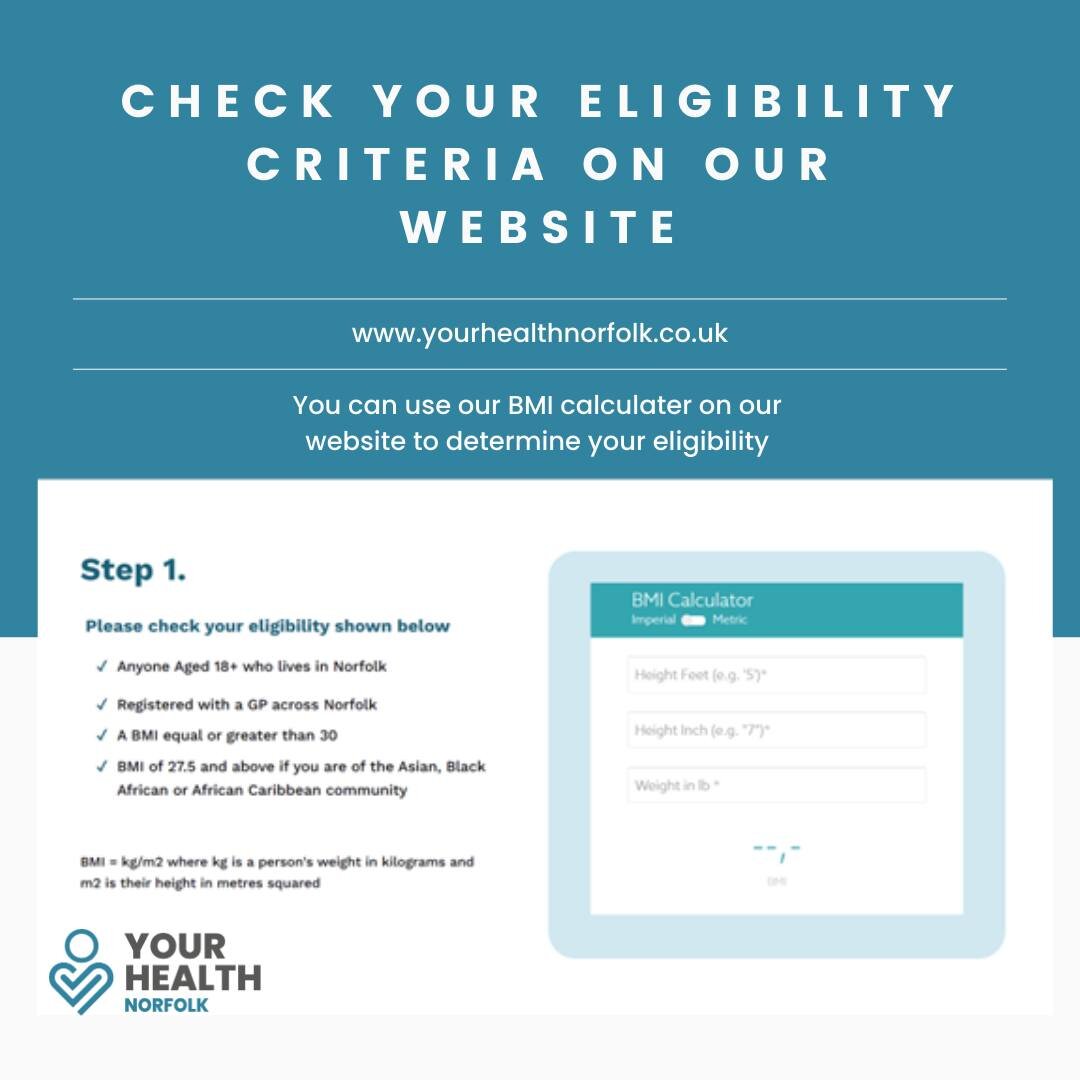 Check your eligibility criteria on our website for our FREE 12 week Adult Weight Management Programme,  use our free BMI calculator to measure your BMI. 

Get in touch if you have any queries regarding our services.

#yourhealthnorfolk #yourhealthmat