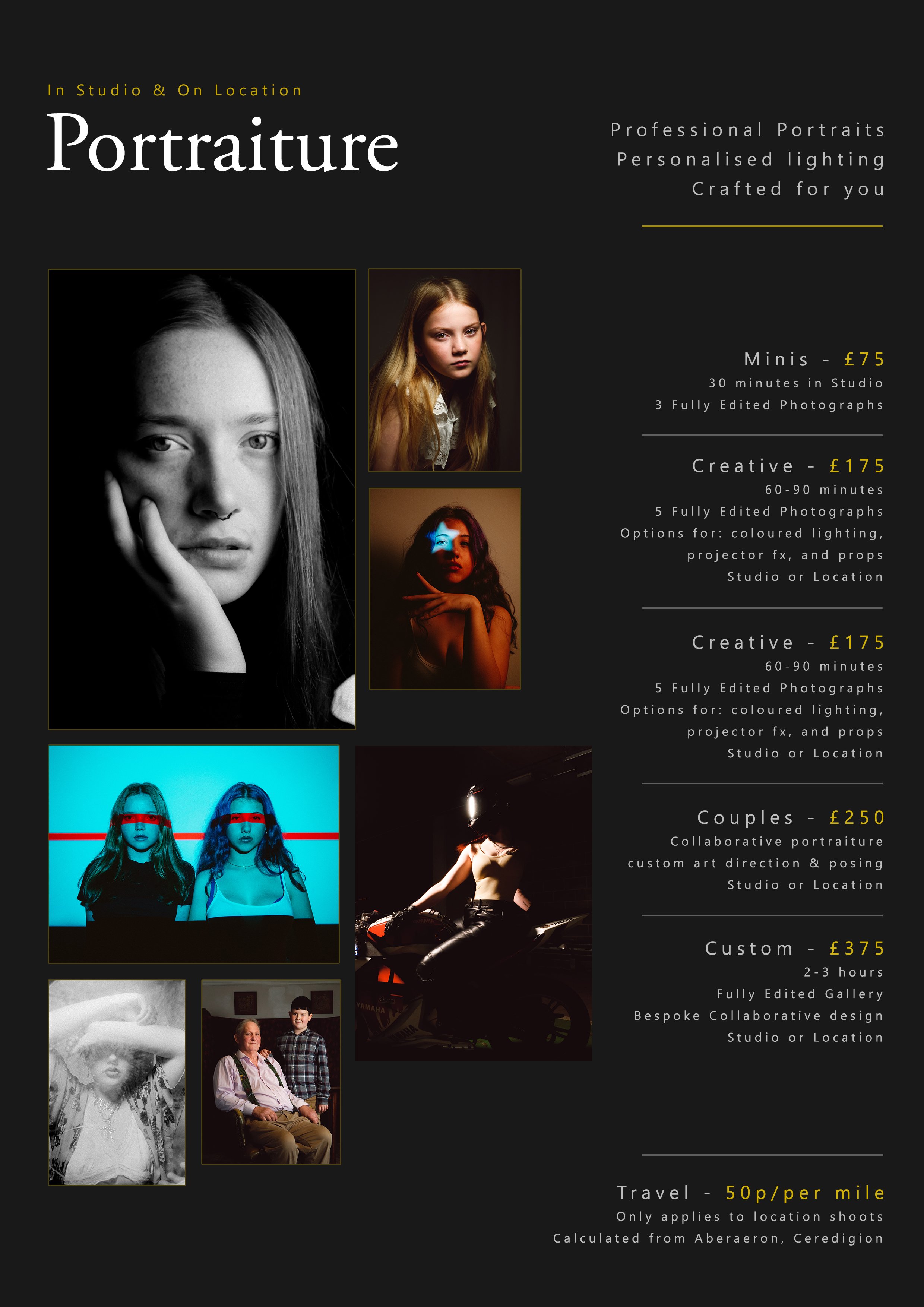 A promotional poster for portrait photography services, featuring examples of portraits and pricing information.