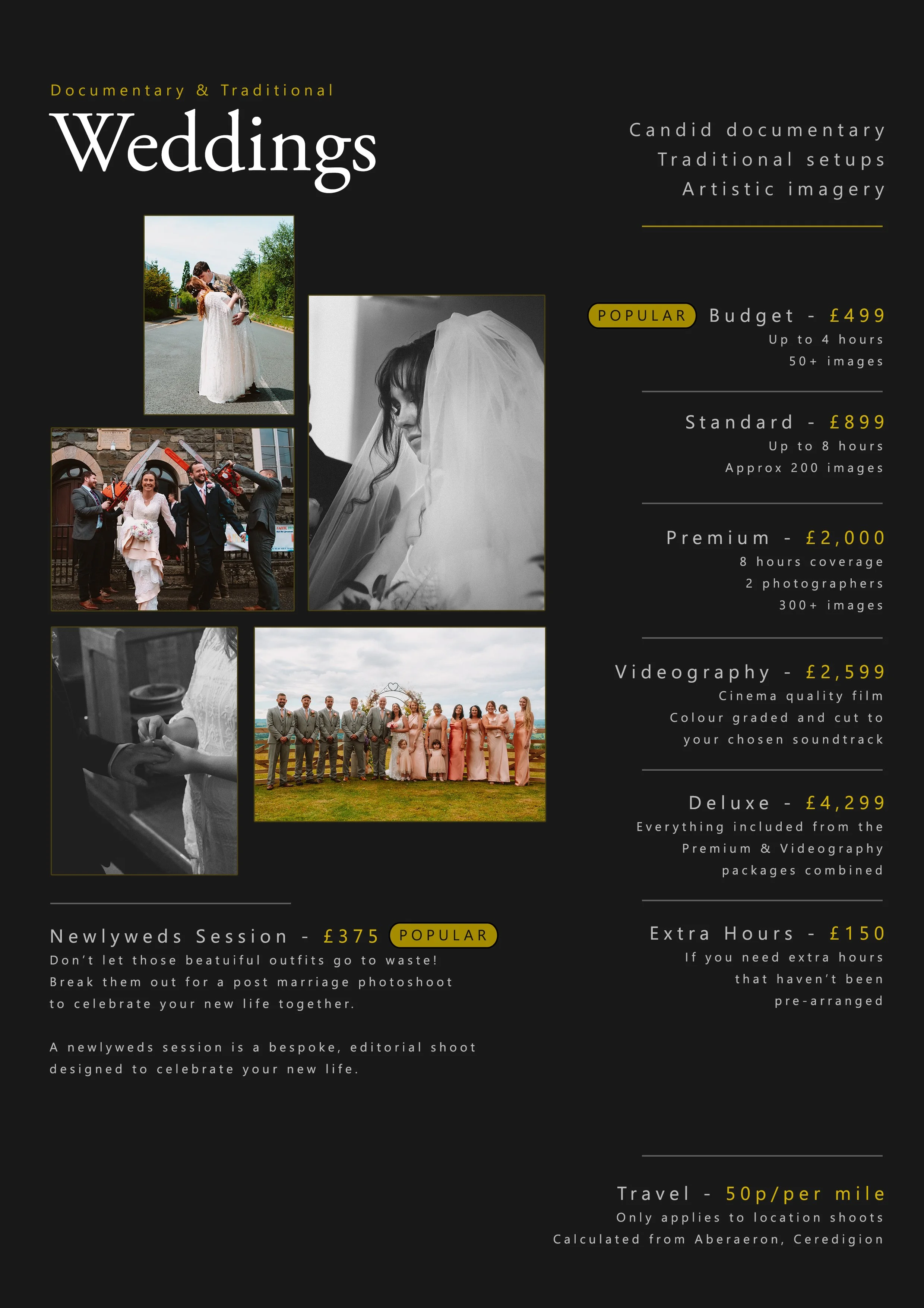Pricing and packages for wedding photography services, with images of couples and wedding scenes, including options for popular, standard, premium, deluxe, newlyweds session, and extra hours, all of which include details about coverage time, number of images, and additional costs.