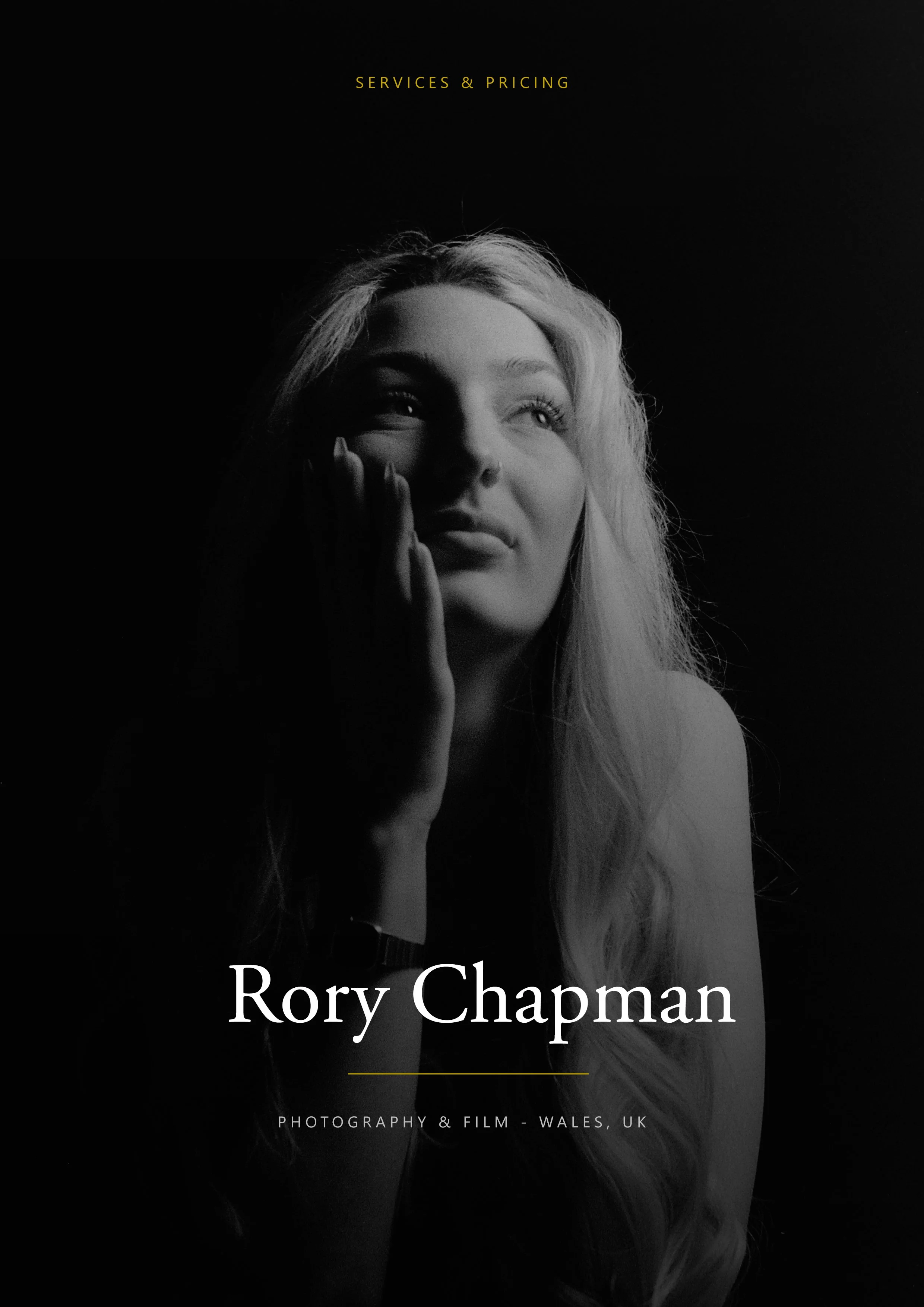 Book cover featuring a black and white photograph of a woman with long, wavy hair and her hand near her face, with the title 'Rory Chapman' and text indicating services and pricing, and photography and film details from Wales, UK.