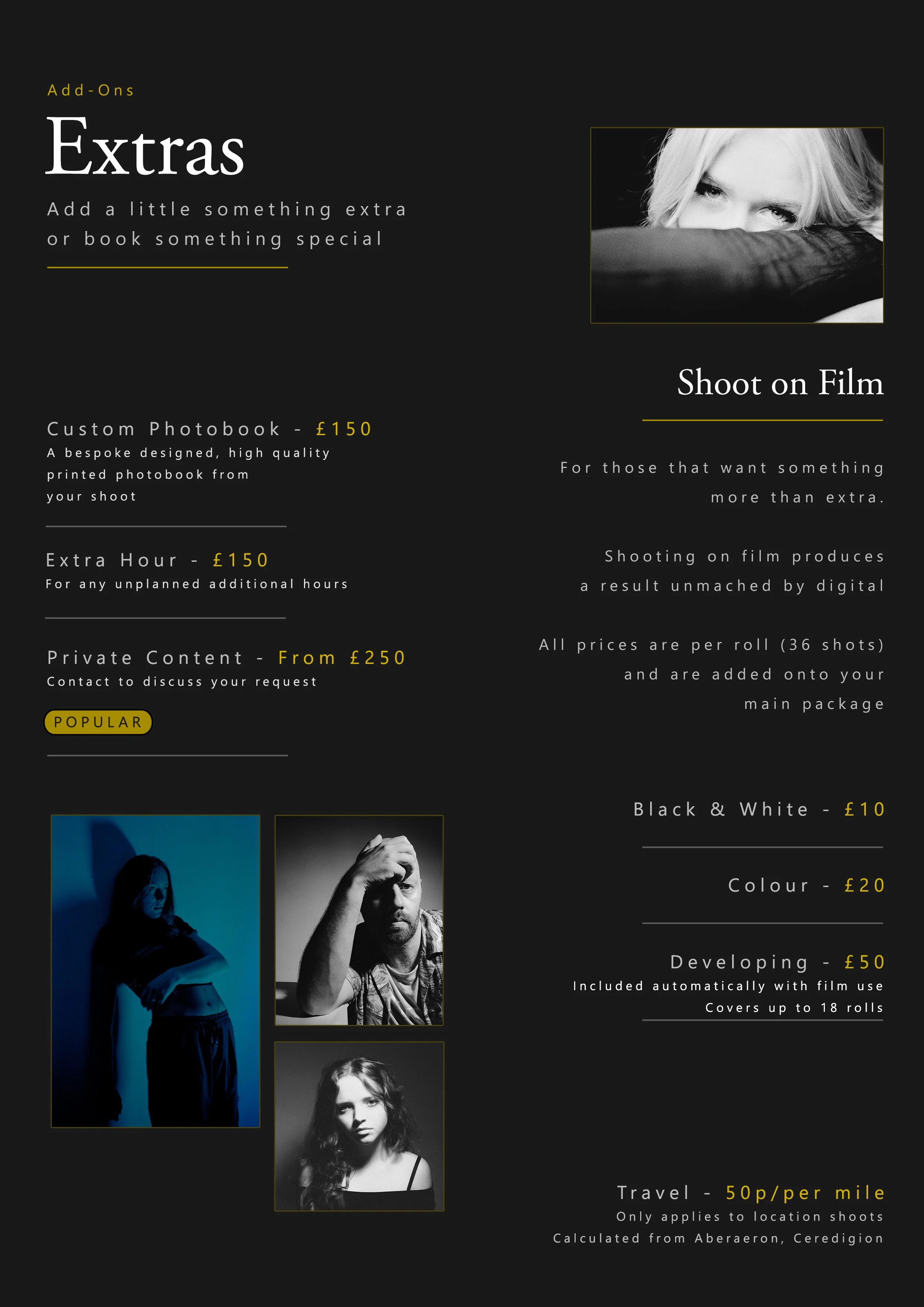 Photography studio advertisement with black background, white and yellow text, and four black-and-white and color portrait photos of models. The text highlights different photography packages and prices, including extras like custom photobooks, additional hours, and private content. The poster mentions the use of film for shooting and contains promotional phrases, with some prices specified in British pounds.
