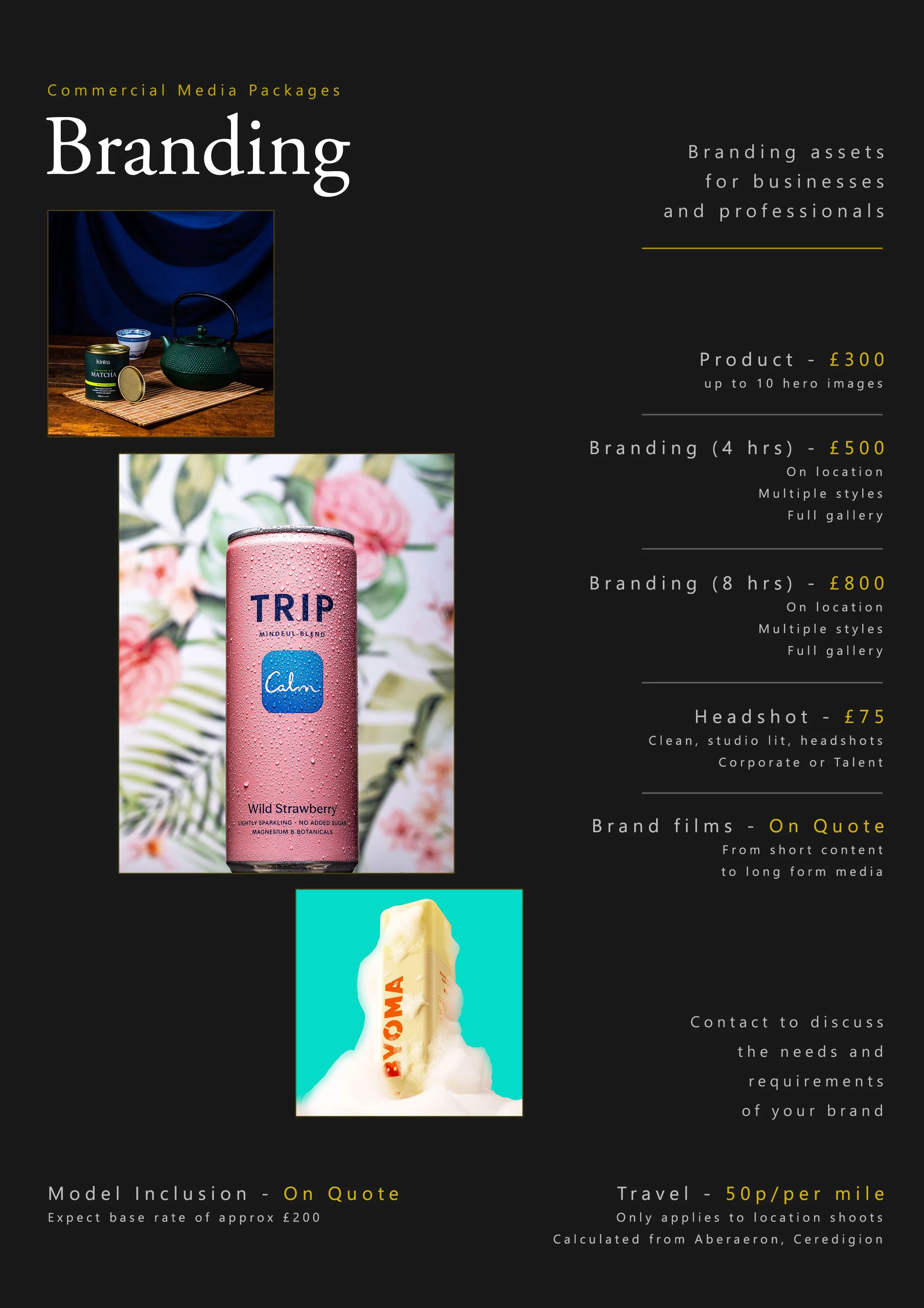 A promotional graphic showcasing branding and marketing packages, featuring images of various products and services with pricing details for branding assets, professional photoshoots, model inclusion, and travel.