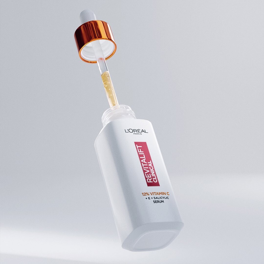 Product visualization of the Vitamin C serum, featured in our latest deepscreen animation for @lorealparis #3danimation #loreal #3dmodeling #productvisualization
