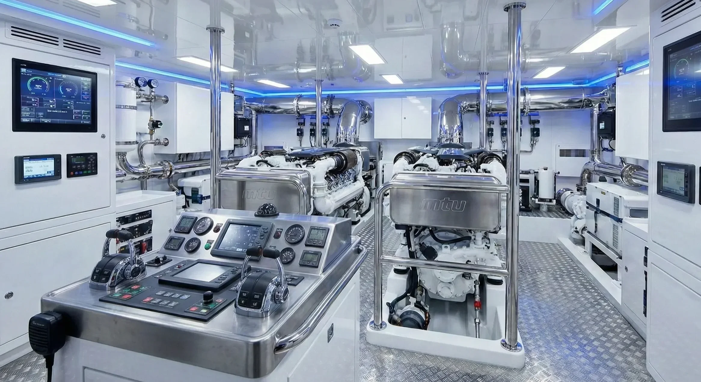 A pristine, high-tech superyacht engine room featuring chrome piping and MTU engines. Represents the high operational standards required for UK Certificate of Competency (CoC) and marine engineering excellence.