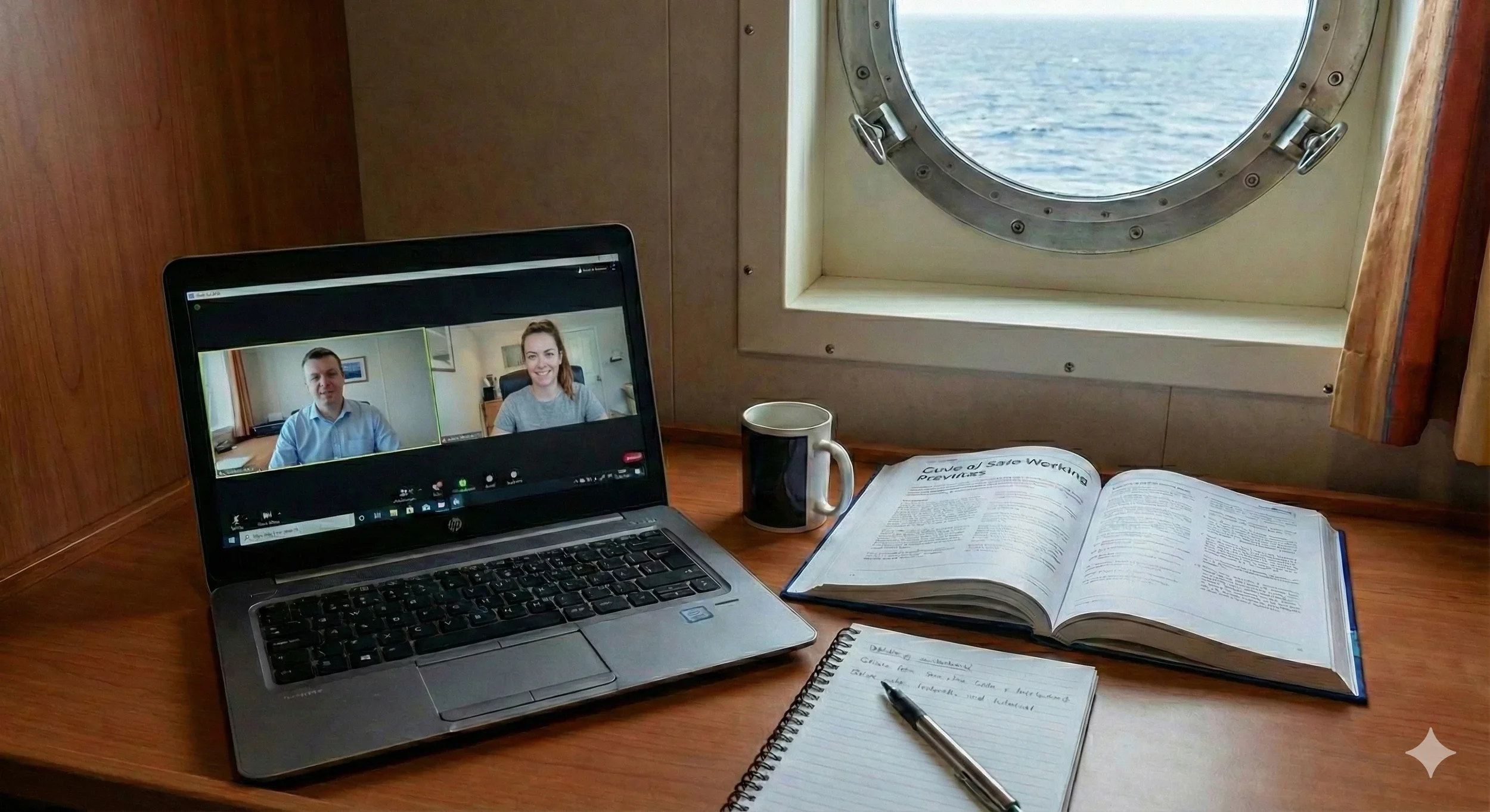 A shot of a laptop open on a chart table or desk, perhaps with a coffee cup and some notes/Code of Safe Working Practices.