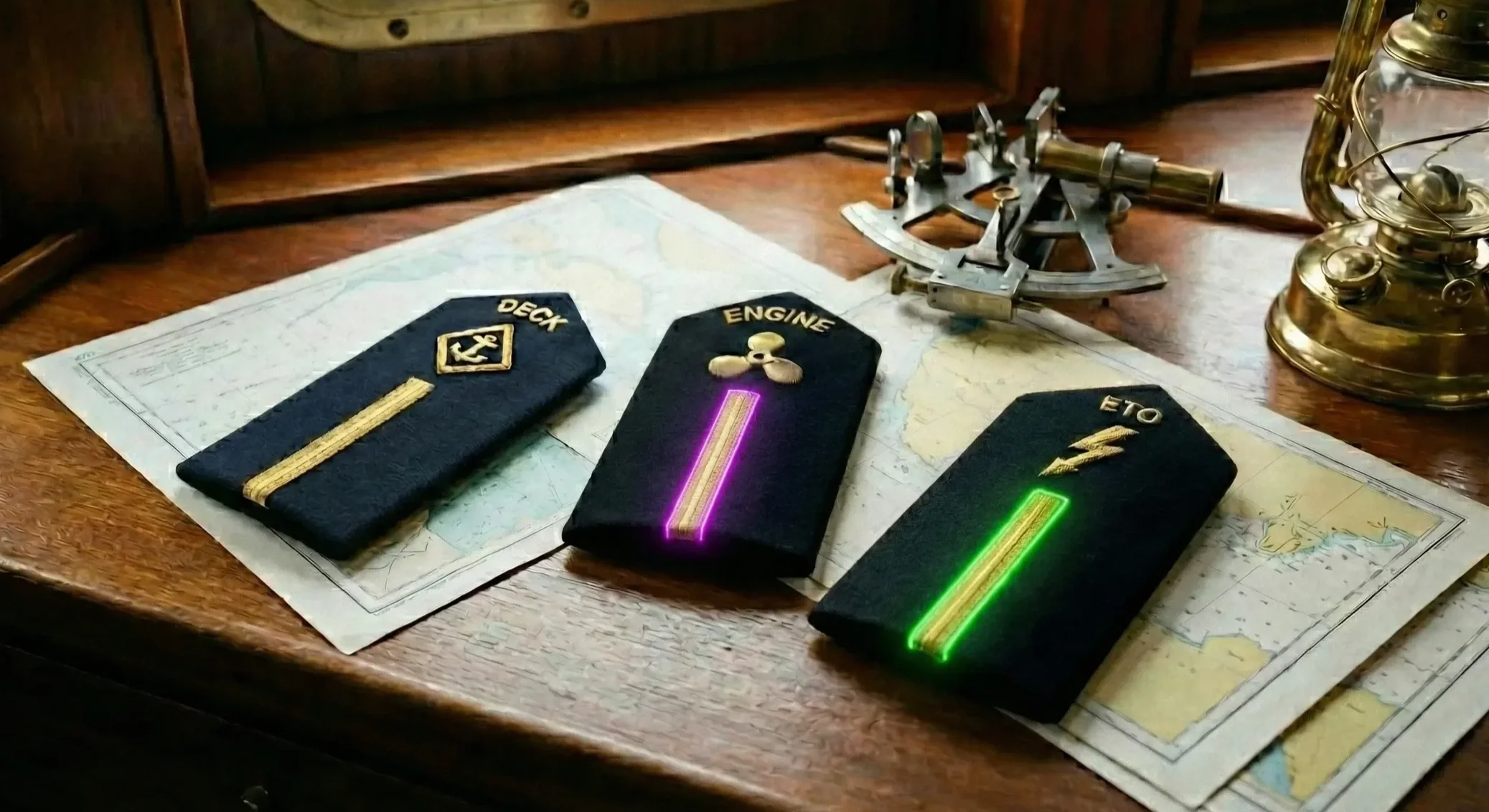 Merchant Navy Cadet epaulettes for Deck, Engine, and ETO officers on a chart table - MCA oral exam preparation tuition.